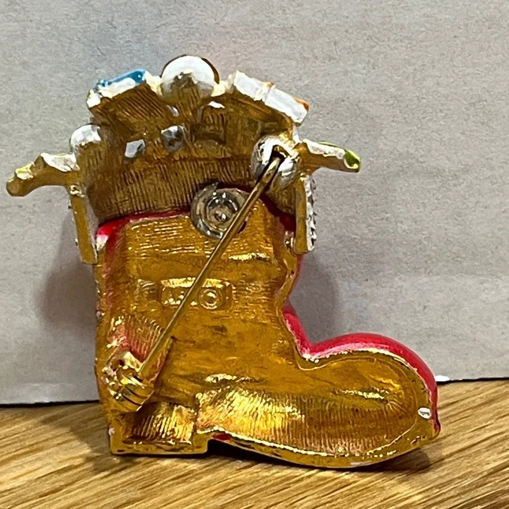 Vintage ART Christmas Enameled Brooch Santa’s Boot filled w/ Presents Xmas Pin